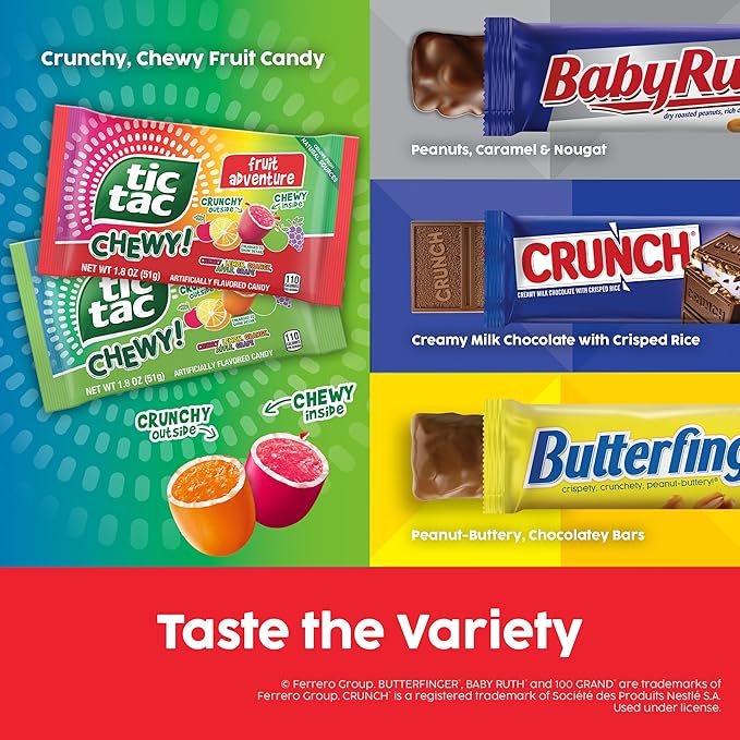 Assorted Variety Mix Butterfinger CRUNCH Baby Ruth Tic Tac Chewy! 18 Count Full Size 32.54 oz Box