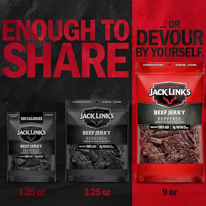 Jack Link's Beef Jerky - Peppered - Made with 100% Real Beef - Ready to Eat Real Meat Protein Snacks - 9g Protein per Serving - 9 oz Bags (2 Pack)