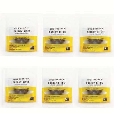 AMG Snacks Lemon Coconut Energy Bites | 4.3 oz Pack of 6 (72 Bites Total) | Date and Nut Energy Snacks Protein Bars | Non GMO Gluten Free Vegan Protein Bites | Made with All Natural Ingredients
