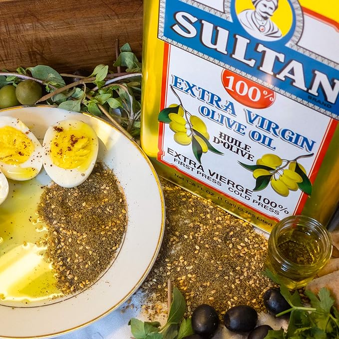 Sultan Premium Extra Virgin Olive Oil – First Cold-Pressed Rich Fruity Flavor – Cholesterol-Free Culinary &amp Skincare EVOO – Ideal for Salads Sautéeing Dips – Imported from Turkey – 128 FL. OZ