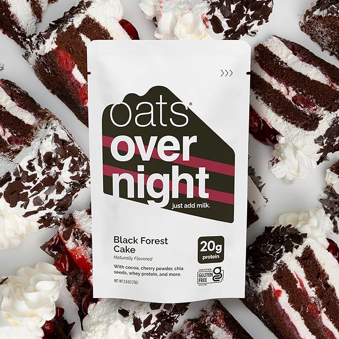 Oats Overnight Black Forrest Cake - Overnight Oats with 20g Whey Protein High Fiber Breakfast Protein Shake - Gluten Free Oatmeal Non GMO High Protein Oatmeal (2.6 oz per Meal) (8 Pack + Bottle)