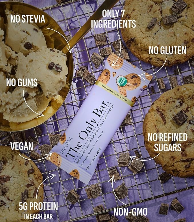 Truvani Plant Based Snack Bars | Chocolate Chip Cookie Dough 12 Pack | 5g Protein | USDA Organic and Vegan | The Only Bar | Dairy Soy and Gluten Free | Individually Wrapped