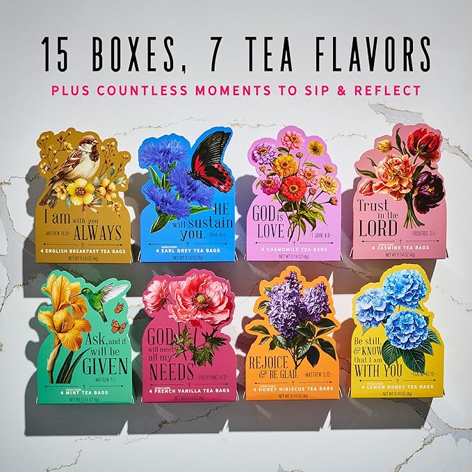 Thoughtfully Tea Affirmations Religious Gift Set 15 Gifts in 1 with Bible Verses 8 Flavors in 15 Floral Boxes with 4 Bags Each Christian Gifts for Women Bible Study Prayer Group Easter Gift