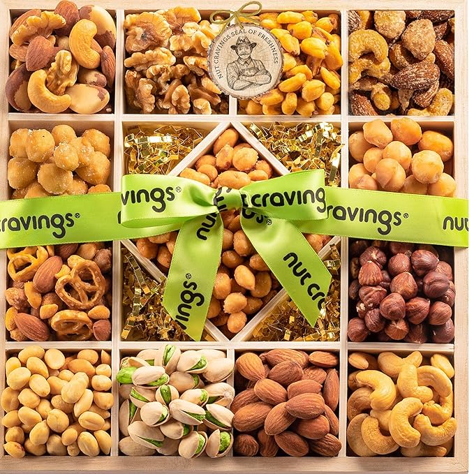 NUT CRAVINGS - Easter Mixed Nuts Gift Basket in Reusable Diamond Wooden Tray + Green Ribbon (13 Assortments) Ramadan Gifts Treats for Adults Healthy Snack Care Package Kosher
