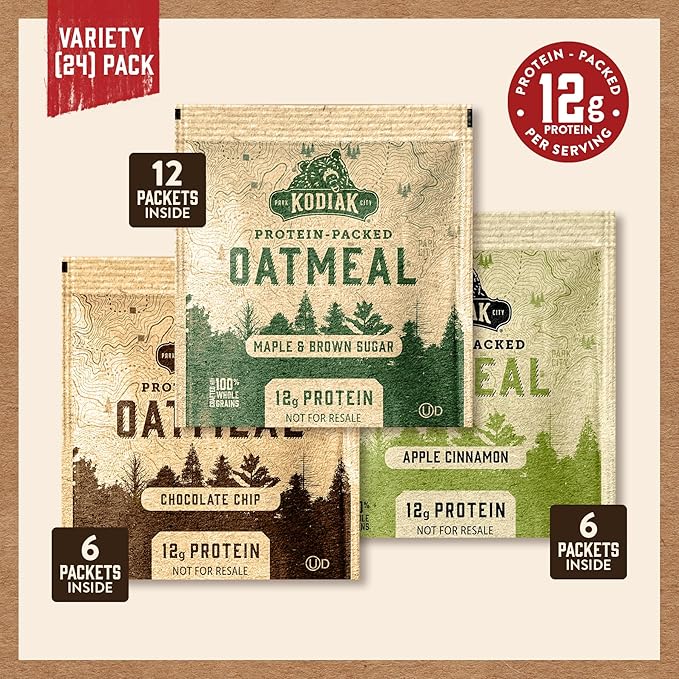 Kodiak Cakes Instant Oatmeal Variety Pack - High Protein - 100% Whole Grains Breakfast Food - Maple &amp Brown Sugar Apple Cinnamon &amp Chocolate Chip (24 Packets)