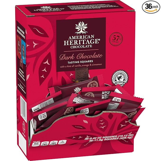 American Heritage Chocolate - 36 Artisanal Tasting Squares - 57% Cacao Dark Chocolate with a Hint of Vanilla Orange and Cinnamon