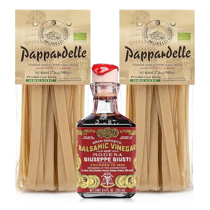 Morelli Italian Pasta and Balsamic Vinegar Set - Includes 2 Packs of Morelli Pappardelle Organic Pasta and Giusti 3 Gold Medals Balsamic Vinegar of Modena