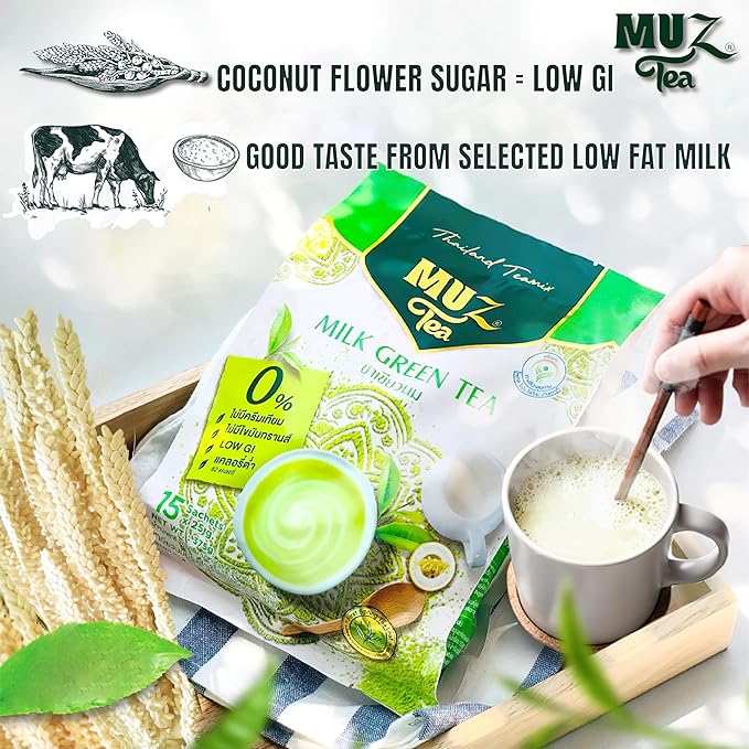 MuzTea Instant Milk Green Tea Powder Mix 3 in 1 With Green Tea Coconut Flower Sugar Creamer From Selected Low Fat Milk Powder 15 Sachets (Milk Green Tea)