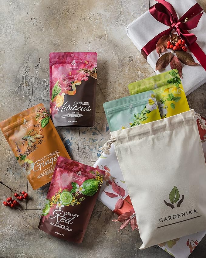 Gardenika Loose Leaf Tea Set Herbal Caffeine-Free Set - Rooibos Spearmint Chamomile Hibiscus Tulsi Turmeric Ginger Teas – 5 Pack Assortment (10 oz)