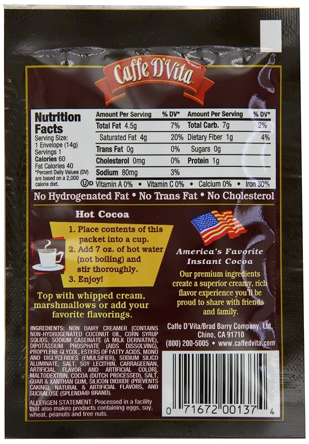 (24 Pack) Caffe D'Vita Sugar Free Hot Cocoa Mix - Gluten Free Low Fat No Cholesterol No Hydrogenated Oils No Trans Fat Kosher - 0.5 oz each