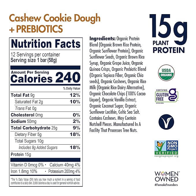SHANTI BALANCE | Gut Health Cashew Cookie Dough | 17G Plant Based Protein | Organic Gluten Free Superfood | Immunity Boosting | Performance Nutrition | 12 Count 2 oz Bars