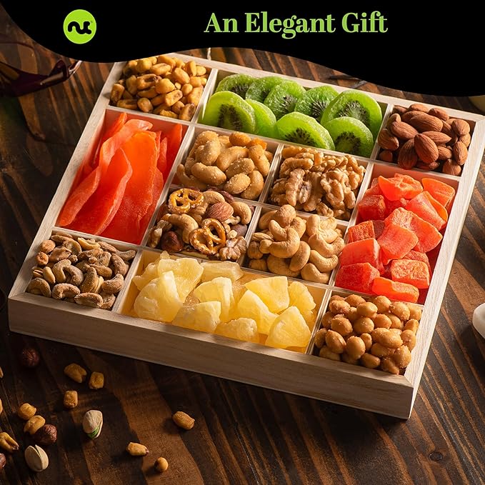 NUT CRAVINGS Gourmet Collection - Happy Birthday Treats Dried Fruit &amp Mixed Nuts Gift Basket with Bday Ribbon in Reusable Wooden Tray (12 Assortments) Food Arrangement Healthy Snack Food Assortm