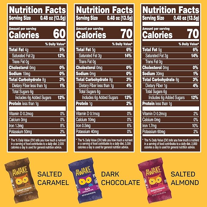 AWAKE - Caffeinated Chocolate Bites - USA Variety Pack (3 Flavors) 50 Bites - Dark Salted Caramel &amp Salted Almond - 50mg Caffeine - Coffee Alternative - Fairtrade - Gluten-Free - Non GMO - 0.48o