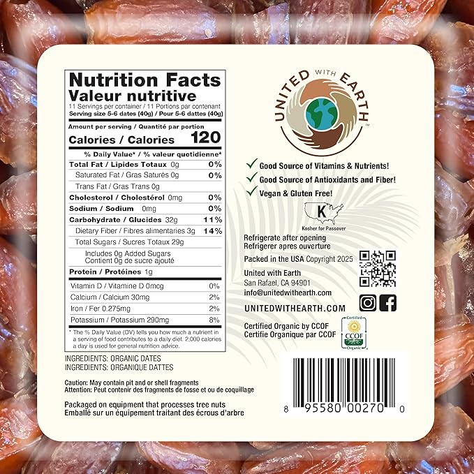 United With Earth Organic Deglet Pitted Noor Dates - 1lb (4-pack) | Non-GMO Gluten-Free Vegan Paleo Certified Organic