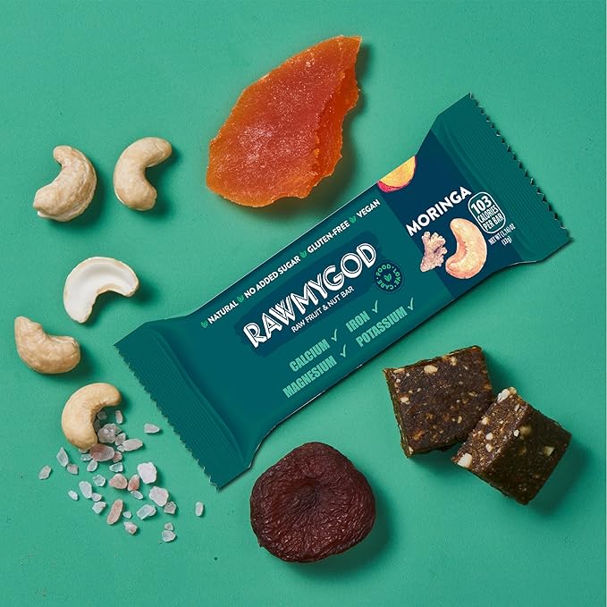 RAWMYGOD Fruit and Nut Bars Gluten Free Vegan No Added Sugar (20 bars Moringa)