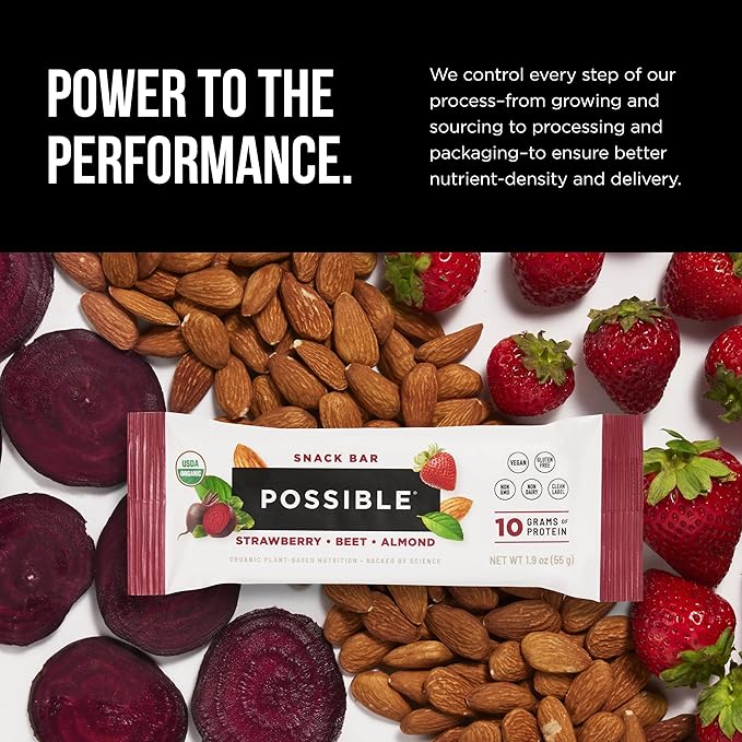 POSSIBLE Snack Bar - Whole Food Snack to Support a Healthy &amp Active Lifestyle - 10g of Organic Plant-Based Protein - Energy Support with Healthy Fats - Strawberry Beet Almond 12 Count (Pack of 1)