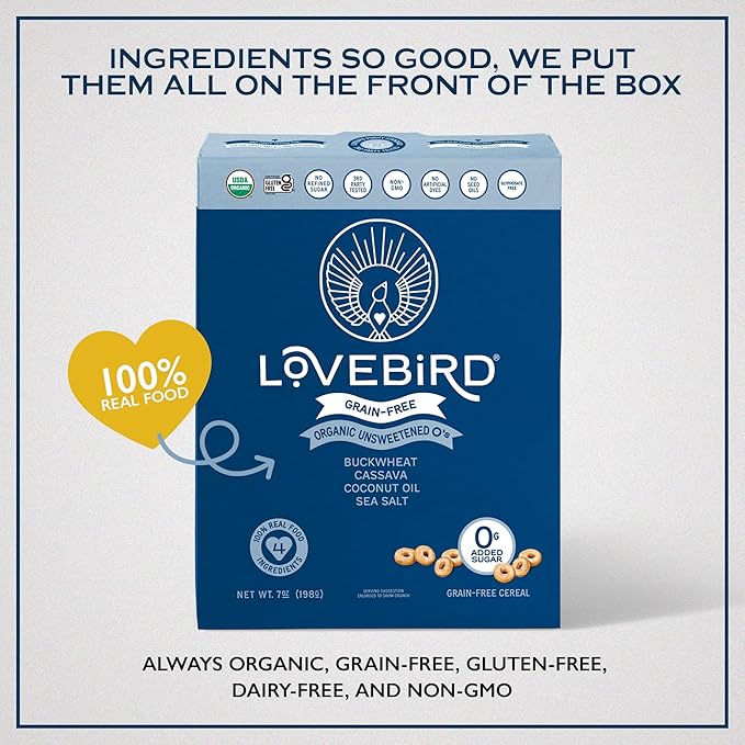 Lovebird Organic Cereal That Actually Tastes Good - 100% Real Food &amp Healthy Gluten Free Cereal No Refined Sugar Paleo Keto Friendly Healthy Snacks for Kids Adults - Unsweetened 3-Pack