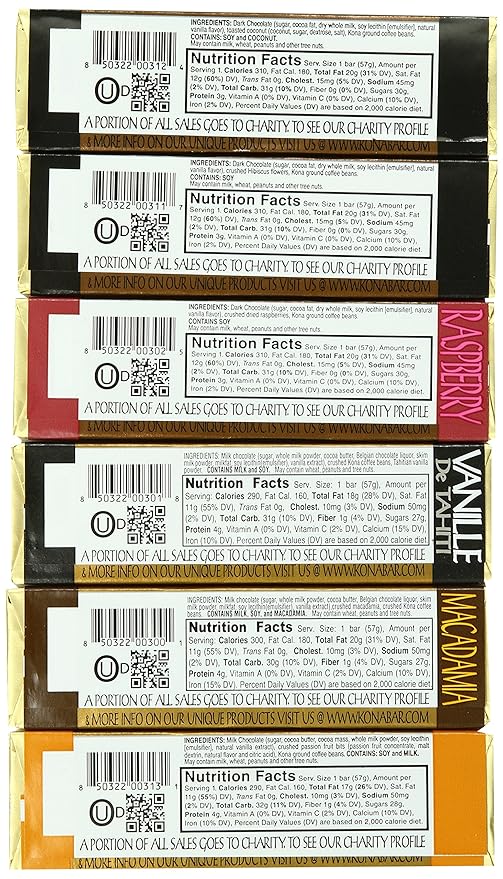 Kona Bar Chocolate Coffee Bar's luau Variety Pack All Flavors 6 Count (Pack of 6)