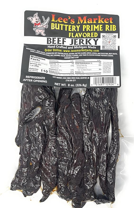 Lee's Market Buttery Prime Rib Flavored Beef Jerky - Soft &amp Tender - Healthy Low Carb Gluten-Free Snack - Paleo &amp Keto-Friendly - Michigan Made Handcrafted Jerky - Specialty Gourmet Meat Snac