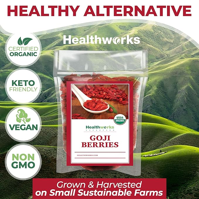 Healthworks Organic Dried Goji Berries - 32oz /2lb - 1 Pack - Vegan and Non-GMO Certified Organic Raw Sun-Dried Goji Berries