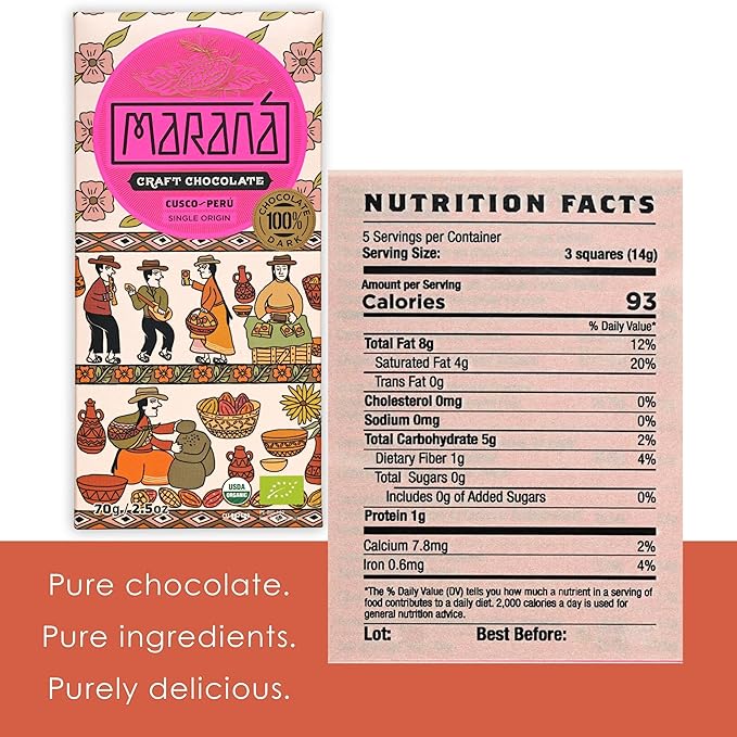 Marana Chocolate Dark 100% Cacao | Organic Peruvian Chocolate | Keto Paleo Sugar Free Vegan | 2.5oz Bars 3-Pack