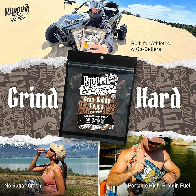Ripped Beef Jerky - 100% Grass Fed Beef 20g Protein Real Ingredients Gluten Free No MSG Made in USA (Pack of 3 Peppered)