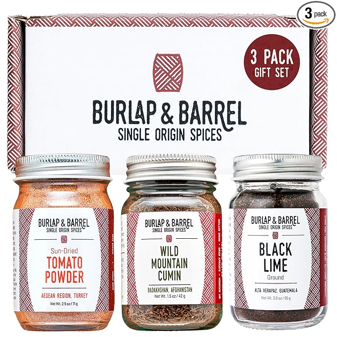 Burlap &amp Barrel Taco Seasoning Single Origin Spice Set - Wild Mountain Cumin Sun-Dried Tomato Ground Black Lime - As seen on Shark Tank - 3 Full Size in a Gift Box