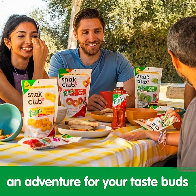 Snak Club Tajin Gummy Candy Fruit Rings Gummies with Chili and Lime Seasoning Mild Spice Gluten-Free and Vegan Snacks Assorted Variety Mango Pineapple Peach Watermelon Snack Size 12 Pack