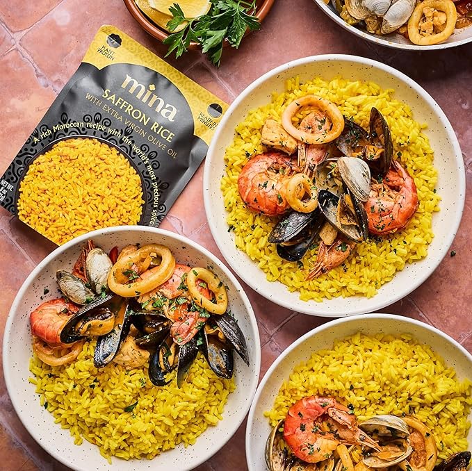 Mina Saffron Rice Yellow Rice With Extra Virgin Olive Oil Ready to Eat Rice Pilaf Side Dishes Microwave Rice Vegan Protein Non-GMO Gluten-Free Kosher 8 oz (Pack of 6)
