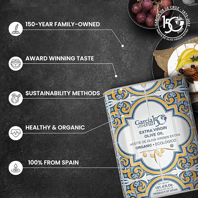 GARCÍA DE LA CRUZ - Organic Extra Virgin Olive Oil Master Miller Premium Oil Almond and Tomato Tones Smooth Body Sourced in Spain Montes de Toledo Bottled in Tins - 3L
