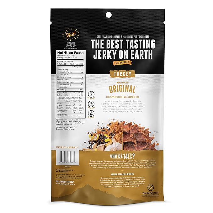 Perky Jerky Original Turkey Jerky 14oz - Low Sodium - 10g Protein per Serving - Low Fat - 100% U.S. Sourced - Handcrafted Tender Texture and Bold Flavor
