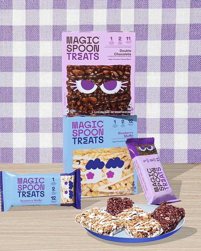 Magic Spoon Treats - 16 High Protein Bars: 4 Blueberry Muffin 4 Double Chocolate 4 Marshmallow 4 Chocolate Peanut Butter - High Protein Gluten Free Snack - Sugar &amp Gluten Free Protein Cereal Ba