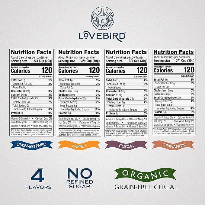 Lovebird Organic Cereal That Actually Tastes Good - 100% Real Food &amp Healthy Gluten Free Cereal No Refined Sugar Paleo Keto Friendly Healthy Snacks for Kids Adults - Variety 6-Pack