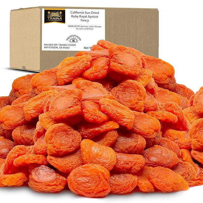 Traina Home Grown California Sun Dried Ruby Royal Apricot Halves - SEASONAL/LIMITED - Healthy No Sugar Added Non GMO Gluten Free Kosher Certified Vegan Value Size (5 lbs)