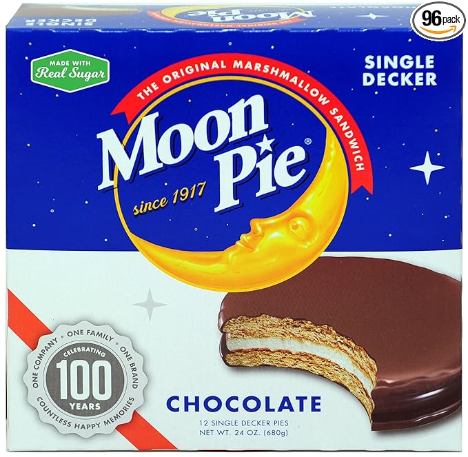 MoonPie Single Decker Chocolate Marshmallow Sandwich -(96Count Total) | Chocolate Covered Graham Cracker &amp Marshmallow Pie 2 Ounce (Pack of 8)