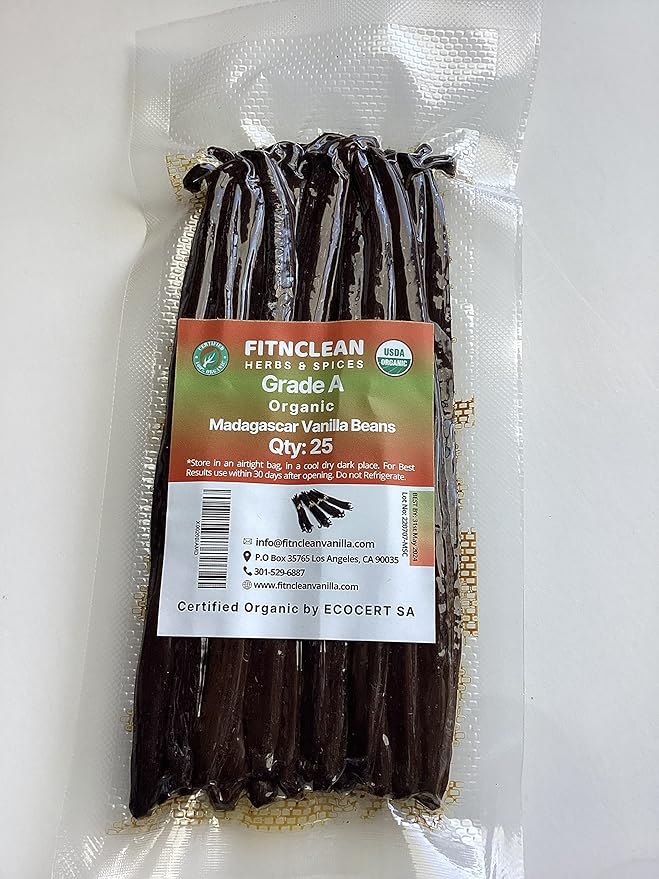 25 Organic Madagascar Vanilla Beans Grade A for Extract Cooking and Baking by FITNCLEAN VANILLA| Certified USDA Organic. Bourbon Fresh Gourmet NON-GMO Whole Pods
