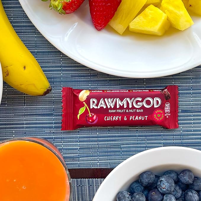RAWMYGOD Fruit and Nut Bars Gluten Free Vegan No Added Sugar (16 bars Cherry &amp Peanut)