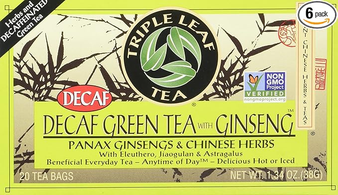 Triple Leaf Tea Decaf Green Tea with Ginseng 20 Tea Bags (Pack of 6)