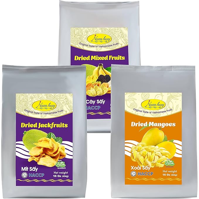 NAM HUY Vietnam's Dried Jackfruit Dried Mango and Dried Mixed Fruit Snacks Original Taste of Vietnamese Fruits No-Added Sugar or Preservatives Delicious Crispy Texture (Total 64Oz)