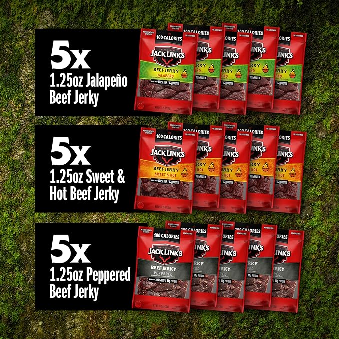 Jack Link's Beef Jerky Bold Variety Pack - Includes Sweet &amp Hot Jalapeno and Peppered Jerky Bulk Protein Snack Pack Good Source of Protein Meat Snacks Made with 100% Beef - 1.25 Oz (Pack of 15