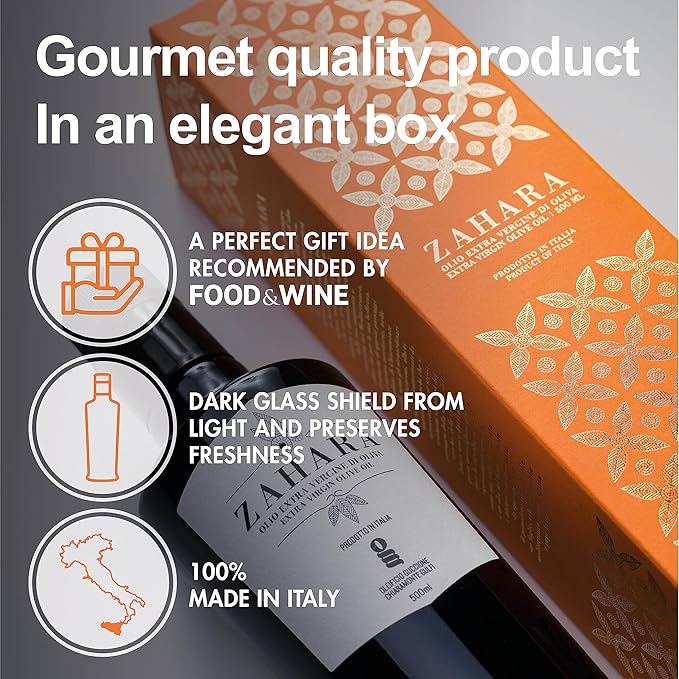 Zahara Extra Virgin Olive Oil from Italy | Sicilian Pure EVOO | Premium Early Harvest Cold Pressed Polyphenol Rich | Multiple Award Winner from Oleificio Guccione | 16.9 fl oz (500ml) Bottle With Beau