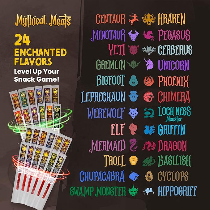 Mythical Meats Exotic Sampler Pack – 24 Mysterious Game and Beef Snack Sticks – Dried &amp Dehydrated Meats Seasoned to Perfection – High Protein Snacks Keto Friendly
