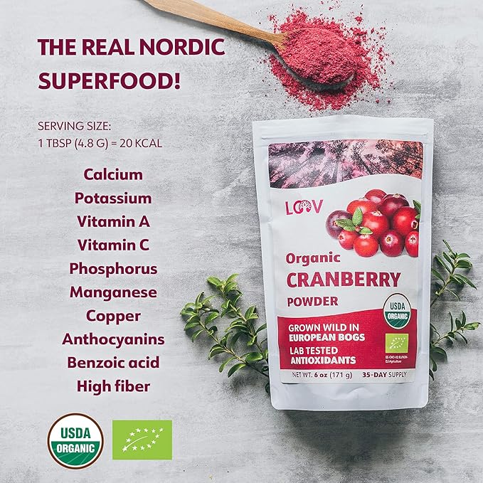 Organic Freeze-Dried Cranberry Powder – Pure 100% Natural Wild Whole Fruit Certified Organic from Nordic Forests – Non-GMO No Added Sugar – 6oz (35 Servings)