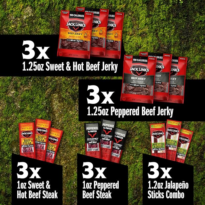 Jack Link's Spicy Beef Jerky Gift Basket Variety Pack - Includes Jerky Meat &amp Cheese Combos and Beef Steaks Great Gift for Men Perfect Hunting Trip Snacks 15-Piece Assorted Spicy Meat Snack P