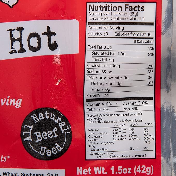Strollo's Beef Jerky-Hot 12 Pack-1.5oz Packs- Low Sodium Low Sugar Low Carb Keto Diet Friendly-Made with All Natural USA Beef USDA Certified