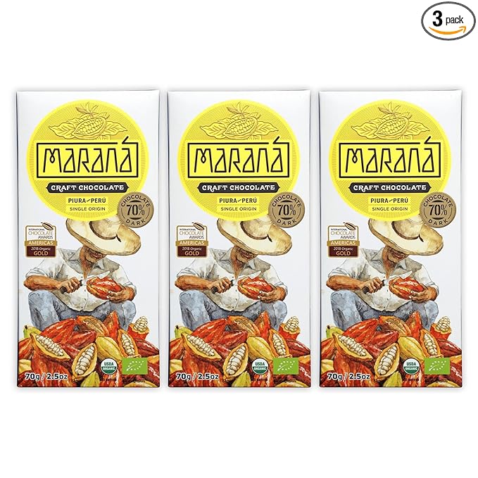 Maraná Chocolate Piura 70% Dark Chocolate 3 Pack - Peruvian Chocolate - Premium Bean-to-Bar Direct Sourced Made at Origin Single Origin Woman Owned BIPOC Owned Organic Award Winning - Vegan S