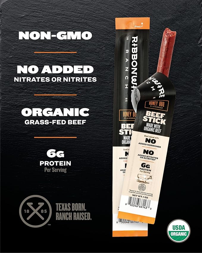 Ribbonwire Ranch Beef Sticks Made with Organic Beef Pasture Raised High Protein Snack Healthy Low Carb Keto Friendly Gluten Free Nitrate Free On the Go 1 Oz Sticks Honey BBQ Flavor 20 Pack