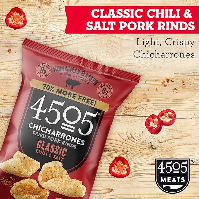 4505 Classic Seasoned Chicharrones Fried Pork Rinds - Chili &amp Salt Flavored Pork Skins - Low Carb Gluten-Free Protein Snack - 3oz (Pack of 12)