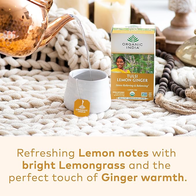 Organic India Tulsi Lemon Ginger Tea Bags - Herbal Tea Stress Relieving &amp Reviving Immune Support Aids Digestion Vegan USDA Certified Organic Non-GMO Caffeine-Free - 18 Infusion Bags 6 Pac