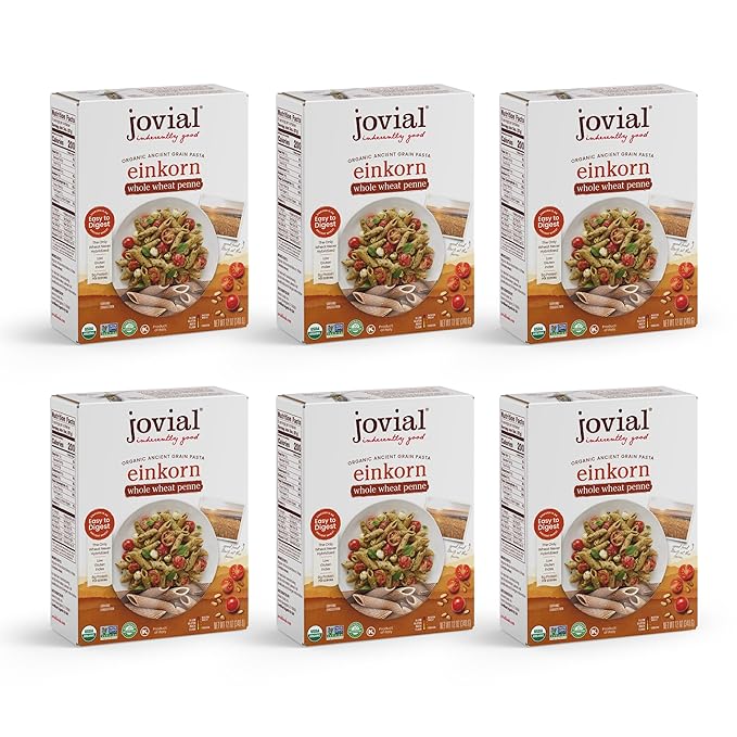 Jovial Einkorn 100% Organic Whole Grain Penne Rigate - Einkorn Pasta High Protein Non-GMO USDA Certified Organic Lower Carb Delicious Pasta Made in Italy - 12 Oz 6 Pack